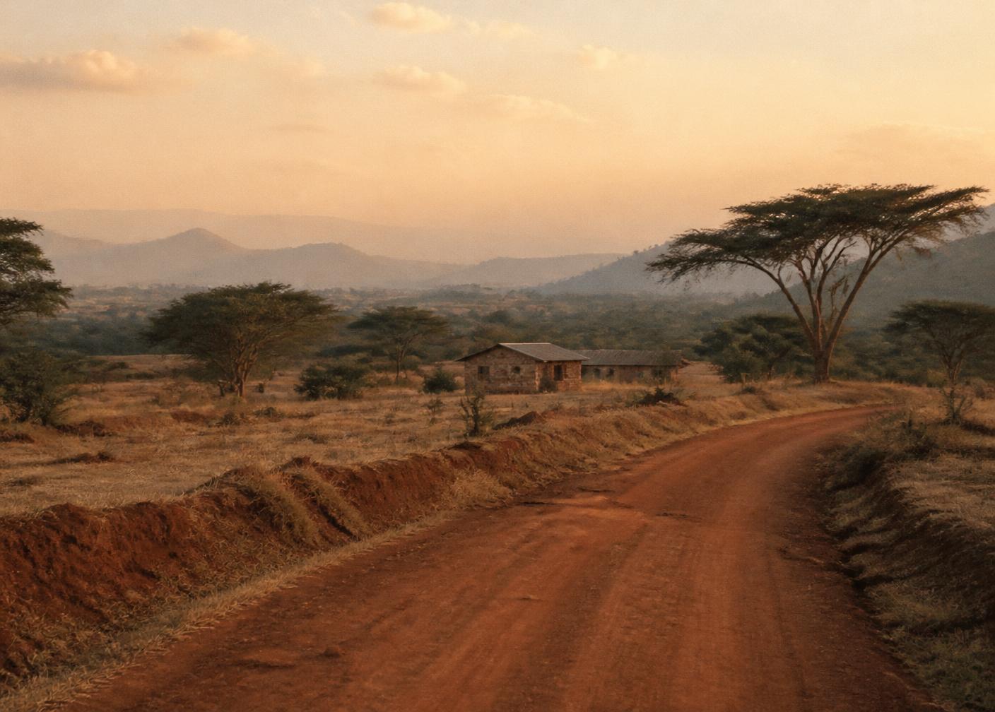 Kenyan highlands with a red-earth road, acacia trees and distant hills
