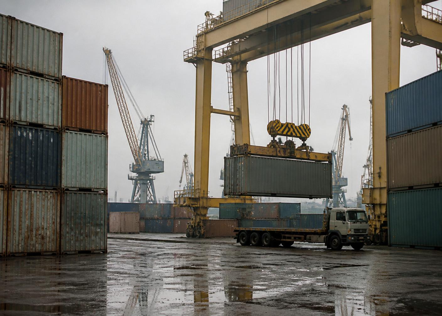Container being lifted onto a flatbed truck at a port